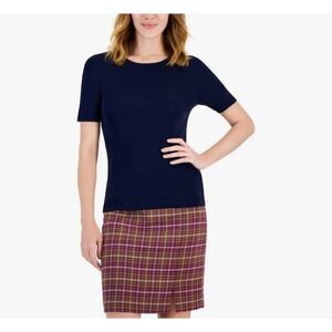 T Tahari Women Navy Short Sleeve Crew Neck Sweater Top Size M